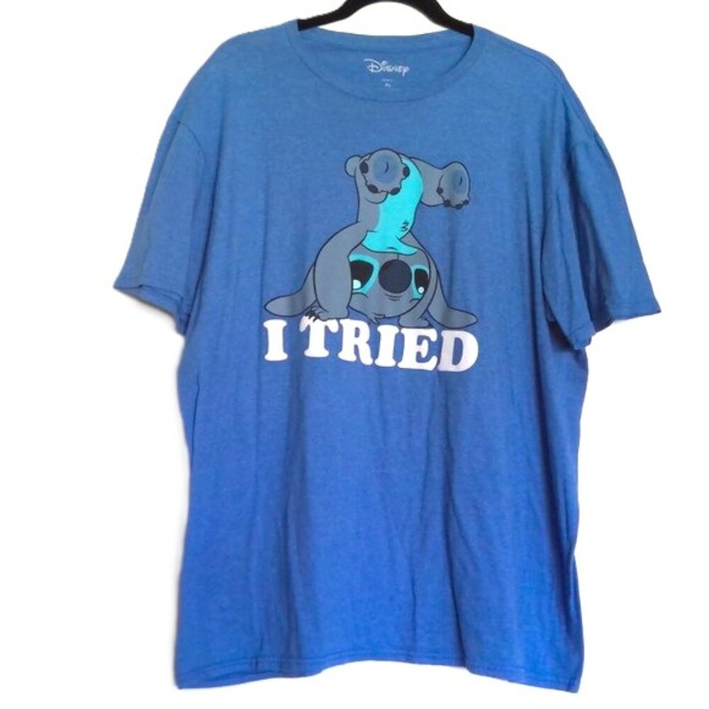 Disney Men's Ohana Tee Shirt Short Sleeve Blue Lilo & Stitch " I Tried" EUC   XL